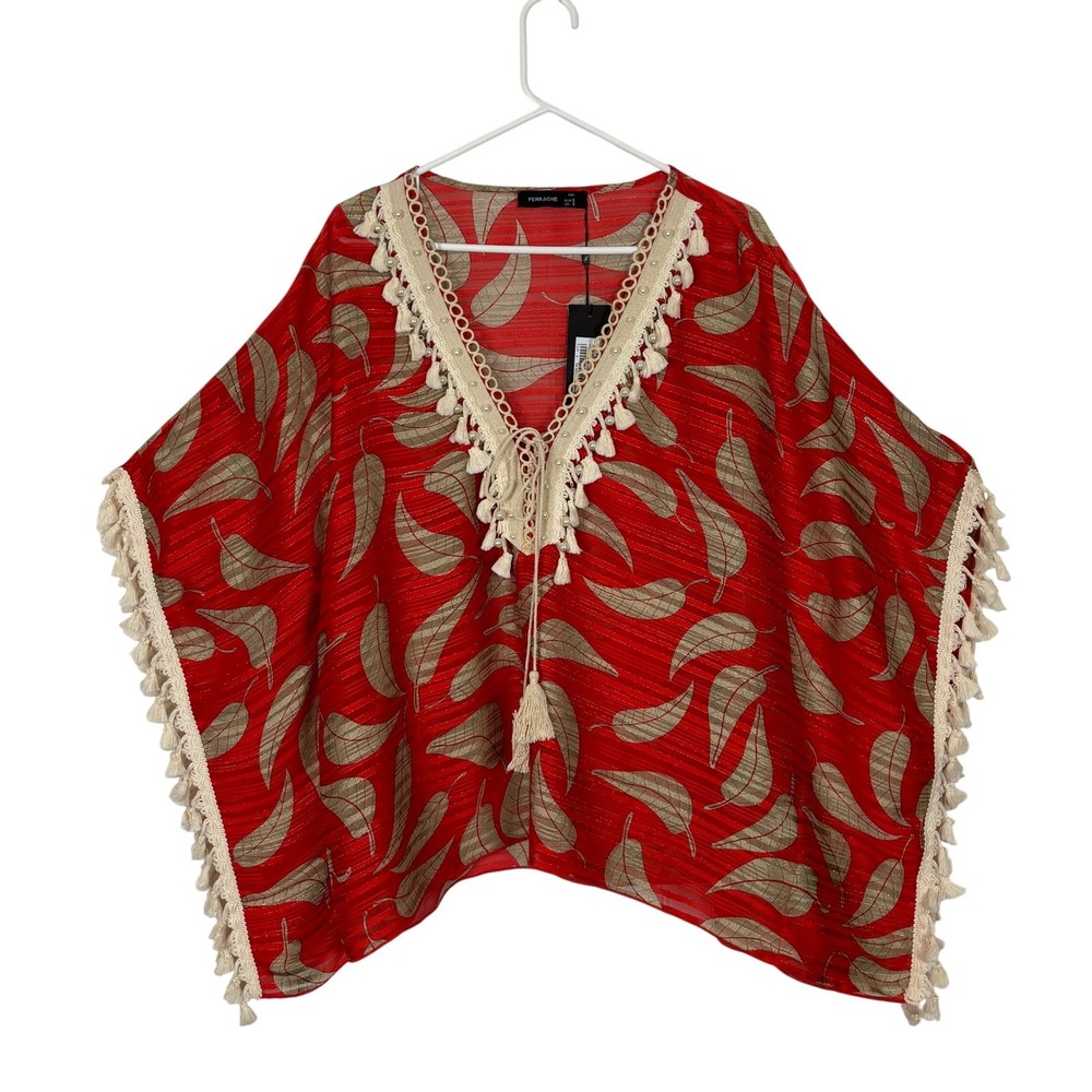 Ferrache Boho Red Sheer Kimono Tassel Beach Cover Up Resort Festival SMALL